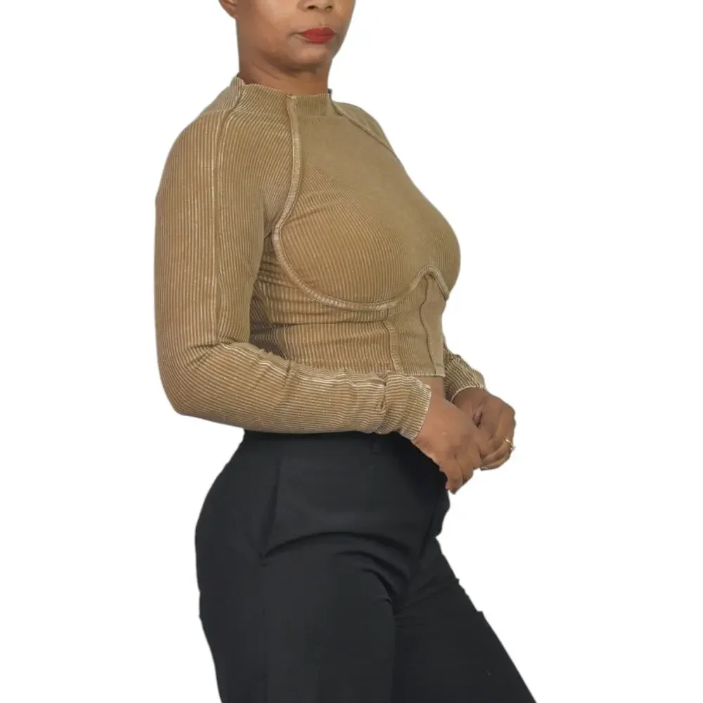 Fashion Nova Corset Crop Top Brown Washed Ribbed Long Sleeve Bustier Size Medium - Picture 14 of 15